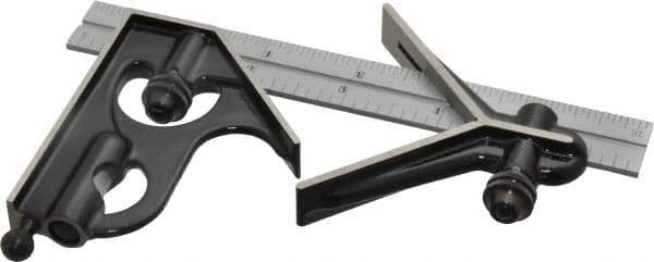 Starrett - 3 Piece, 6" Combination Square Set - 1/16, 1/32, 1/64 & 1/8" (4R) Graduation, Steel Blade, Forged Steel Center & Square Head - USA Tool & Supply