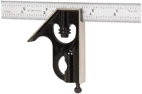 Starrett - 2 Piece, 6" Combination Square Set - 1/100, 1/32, 1/50 & 1/64" (16R) Graduation, Steel Blade, Forged Steel Square Head - USA Tool & Supply