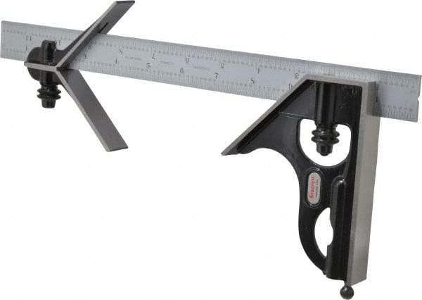 Starrett - 3 Piece, 12" Combination Square Set - 1/16, 1/32, 1/64 & 1/8" (4R) Graduation, Steel Blade, Forged Steel Center & Square Head - USA Tool & Supply