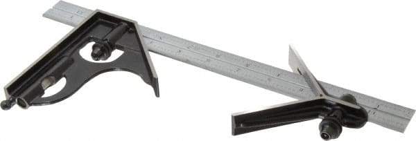 Starrett - 3 Piece, 12" Combination Square Set - 1/100, 1/32, 1/50 & 1/64" (16R) Graduation, Steel Blade, Forged Steel Center & Square Head - USA Tool & Supply