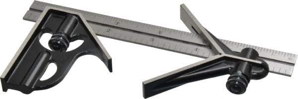 Starrett - 3 Piece, 6" Combination Square Set - 1/16, 1/32, 1/64 & 1/8" (4R) Graduation, Steel Blade, Forged Steel Center & Square Head - USA Tool & Supply