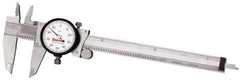 Starrett - 0mm to 150mm Range, 0.02 mm Graduation, 2mm per Revolution, Dial Caliper - Yellow Face, 1-1/2" Jaw Length, Accurate to 0.03mm - USA Tool & Supply