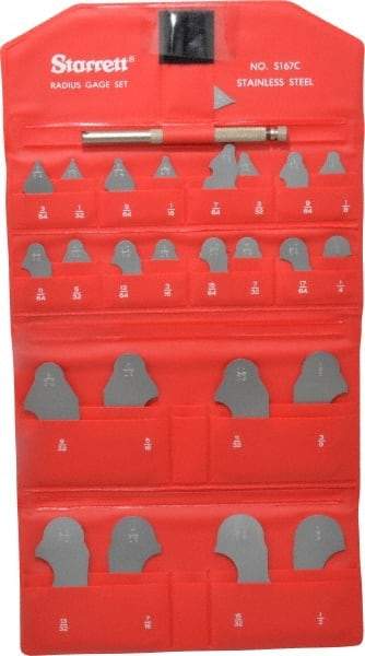 Starrett - 25 Piece, 1/64 to 1/2 Inch Radius, Stainless Steel Radius Gage Set - Satin Chrome Coated - USA Tool & Supply