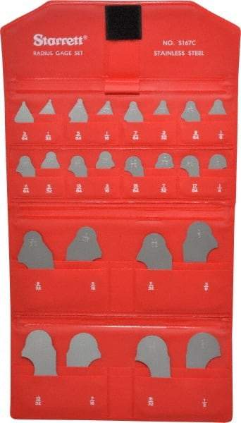 Starrett - 24 Piece, 1/32 to 1/2 Inch Radius, Stainless Steel Radius Gage Set - Satin Chrome Coated - USA Tool & Supply