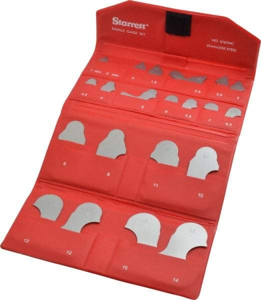Starrett - 21 Piece, 1 to 15 mm Radius, Stainless Steel Radius Gage Set - Satin Chrome Coated - USA Tool & Supply