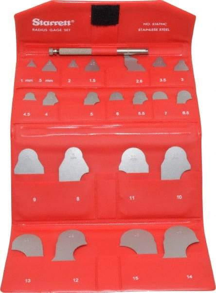 Starrett - 22 Piece, 0.5 to 15 mm Radius, Stainless Steel Radius Gage Set - Satin Chrome Coated - USA Tool & Supply