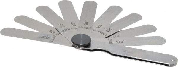 Starrett - 9 Piece, 0.0015 to 0.015" Thick, Parallel Feeler Gage Set - 3-1/32" Leaf Length, 1/2" Wide, Tempered Steel - USA Tool & Supply