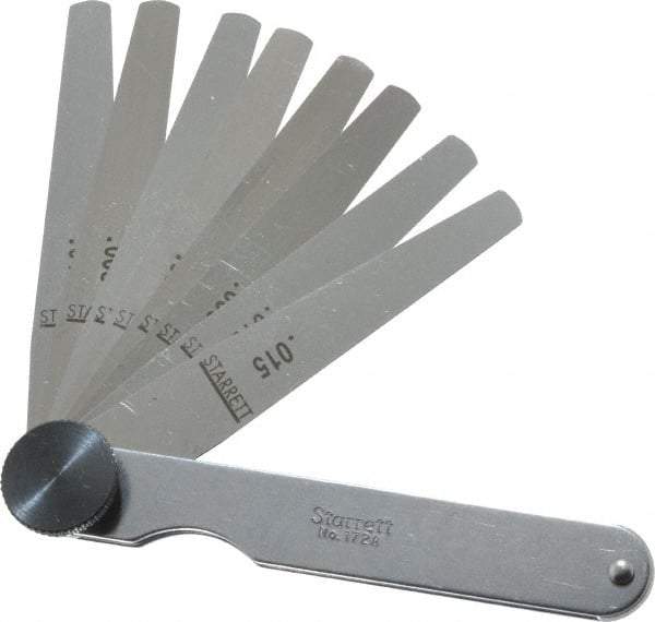 Starrett - 9 Piece, 0.0015 to 0.015" Thick, Tapered Feeler Gage Set - 3-1/32" Leaf Length, 1/4 to 1/2" (Tapered) Wide, Tempered Steel - USA Tool & Supply