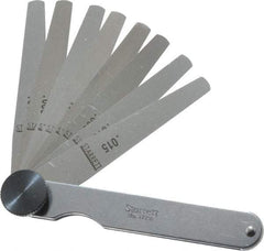 Starrett - 9 Piece, 0.0015 to 0.015" Thick, Tapered Feeler Gage Set - 3-1/32" Leaf Length, 1/4 to 1/2" (Tapered) Wide, Tempered Steel - USA Tool & Supply