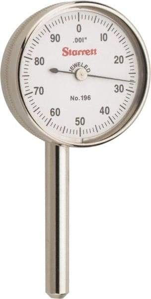 Starrett - 0.2 Inch Range, 0.001 Inch Dial Graduation, Horizontal Dial Test Indicator - 1-7/16 Inch White Dial, 0-100 Dial Reading - USA Tool & Supply