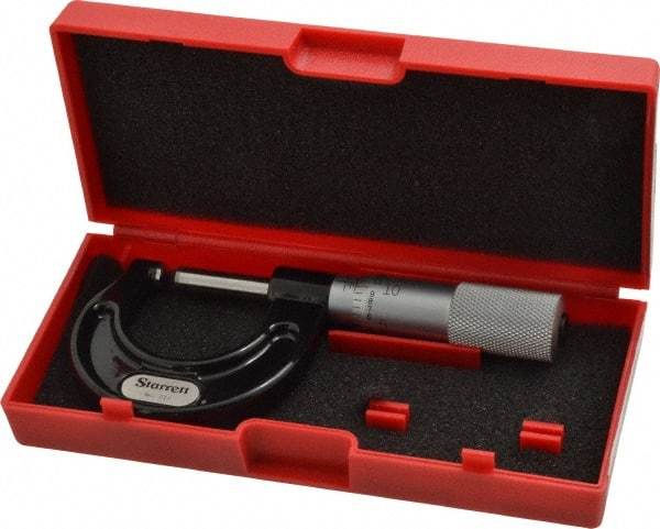 Starrett - Mechanical, 0 to 1 Inch Measurement, Satin Chrome Finish Carbide Face Ball Anvil Micrometer - 0.001 Inch Graduation, Plain Thimble - USA Tool & Supply