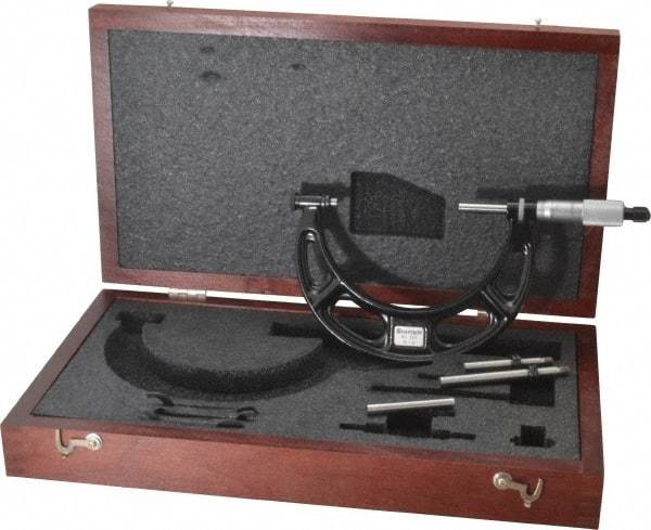 Starrett - 0 to 4" Range, 3 Piece Mechanical Outside Micrometer Set - 0.001" Graduation, Ratchet Stop Thimble, Steel Face - USA Tool & Supply