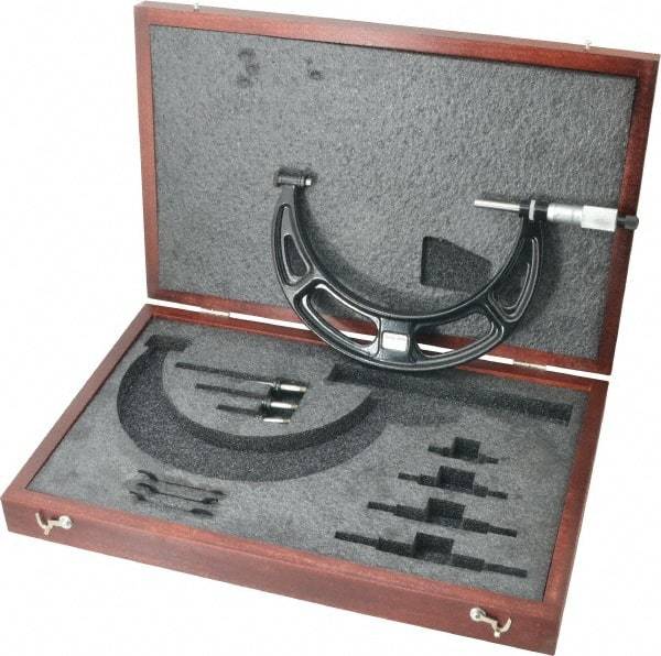 Starrett - 2 to 6" Range, 4 Piece Mechanical Outside Micrometer Set - 0.001" Graduation, Ratchet Stop Thimble, Steel Face - USA Tool & Supply