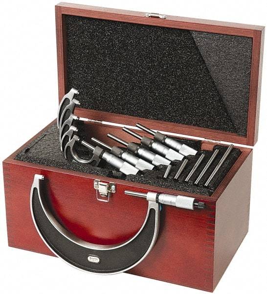 Starrett - 0 to 6" Range, 6 Piece Mechanical Outside Micrometer Set - 0.0001" Graduation, Ratchet Stop Thimble, Carbide Tipped Face - USA Tool & Supply