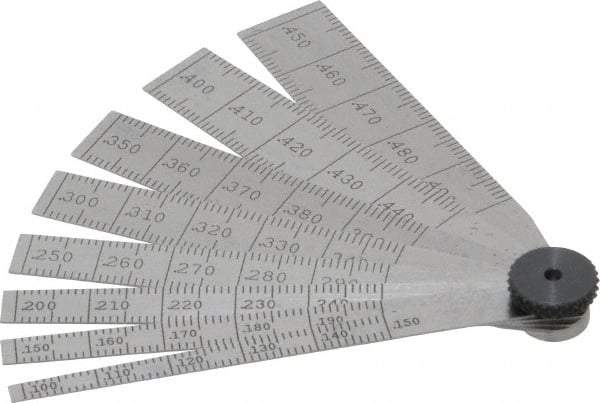 Starrett - 0.1 to 0.5 Inch Measurement, 8 Leaf Taper Gage - 2-1/2 Inch Long, Tempered Steel, 0.001 Inch Graduation - USA Tool & Supply