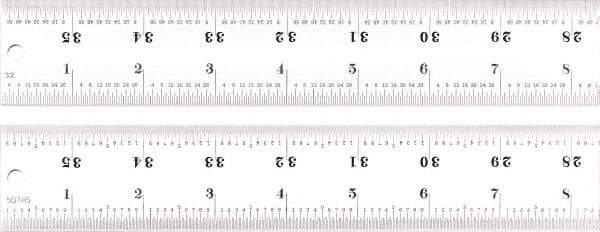 Starrett - 36" Long, 1/100, 1/64, 1/50, 1/32" Graduation, Rigid Spring Steel Rule - 16R Graduation Style, 1-1/2" Wide, Silver, Satin Chrome Finish - USA Tool & Supply