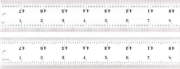 Starrett - 48" Long, 1/100, 1/64, 1/50, 1/32" Graduation, Rigid Spring Steel Rule - 16R Graduation Style, 1-1/2" Wide, Silver, Satin Chrome Finish - USA Tool & Supply