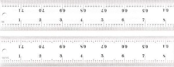 Starrett - 72" Long, 1/100, 1/64, 1/50, 1/32" Graduation, Rigid Spring Steel Rule - 16R Graduation Style, 1-1/2" Wide, Silver, Satin Chrome Finish - USA Tool & Supply