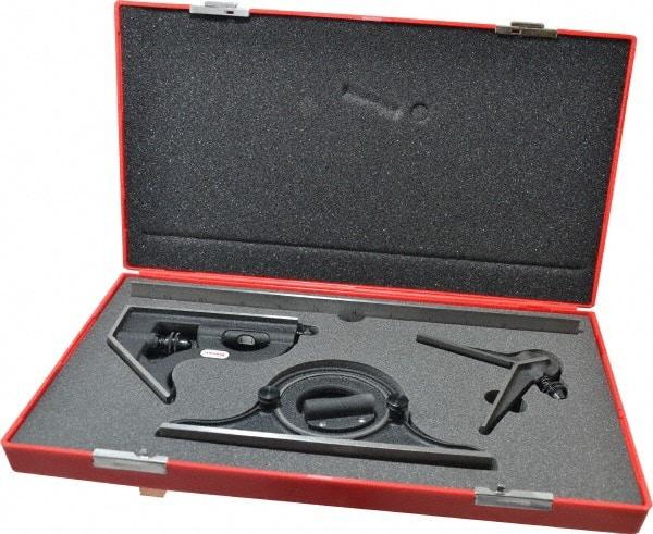 Starrett - 4 Piece, 12" Combination Square Set - 1/100, 1/32, 1/50 & 1/64" (16R) Graduation, Steel Blade, Cast Iron Center, Protractor & Square Head - USA Tool & Supply