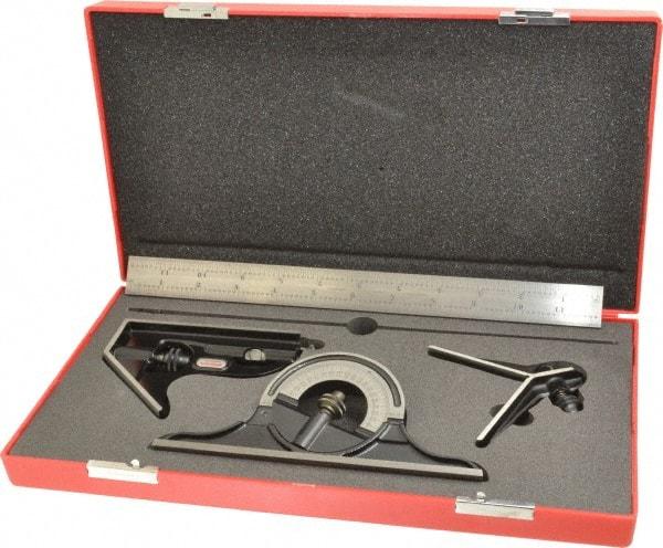 Starrett - 4 Piece, 12" Combination Square Set - 1/16, 1/32, 1/64 & 1/8" (4R) Graduation, Steel Blade, Forged Steel Center, Protractor & Square Head - USA Tool & Supply