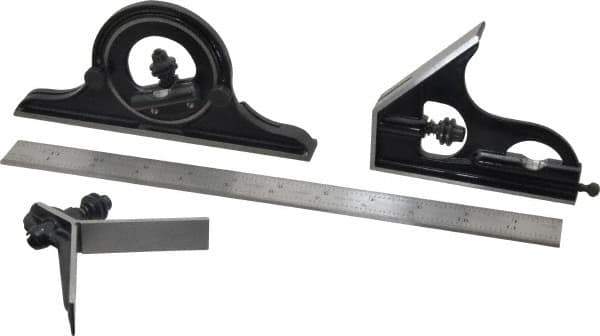 Starrett - 4 Piece, 12" Combination Square Set - 1/100, 1/32, 1/50 & 1/64" (16R) Graduation, Steel Blade, Forged Steel Center, Protractor & Square Head - USA Tool & Supply