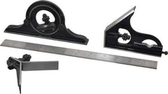 Starrett - 4 Piece, 12" Combination Square Set - 1/100, 1/32, 1/50 & 1/64" (16R) Graduation, Steel Blade, Forged Steel Center, Protractor & Square Head - USA Tool & Supply
