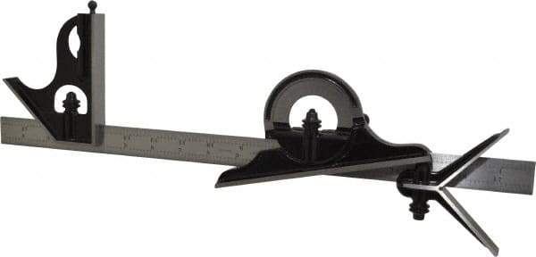 Starrett - 4 Piece, 18" Combination Square Set - 1/16, 1/32, 1/64 & 1/8" (4R) Graduation, Steel Blade, Forged Steel Center, Protractor & Square Head - USA Tool & Supply