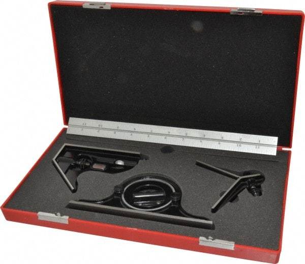 Starrett - 4 Piece, 12" Combination Square Set - 1/16, 1/32, 1/64 & 1/8" (4R) Graduation, Steel Blade, Forged Steel Center, Protractor & Square Head - USA Tool & Supply