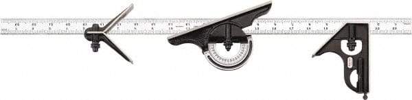Starrett - 4 Piece, 24" Combination Square Set - 1/100, 1/32, 1/50 & 1/64" (16R) Graduation, Hardened Steel Blade, Cast Iron & Forged Steel Center, Protractor & Square Head - USA Tool & Supply
