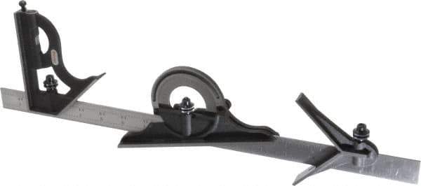 Starrett - 4 Piece, 18" Combination Square Set - 1/16, 1/32, 1/64 & 1/8" (4R) Graduation, Steel Blade, Cast Iron Center, Protractor & Square Head - USA Tool & Supply