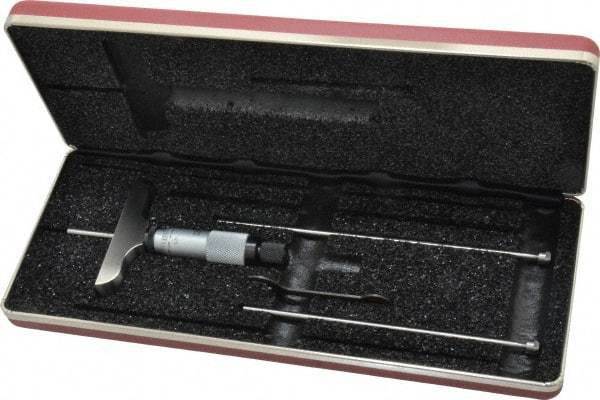 Starrett - 0 to 3" Range, 3 Rod, Mechanical Depth Micrometer - Plain Thimble, 2-1/2" Base Length, 0.01mm Graduation, 1/8" Rod Diam - USA Tool & Supply