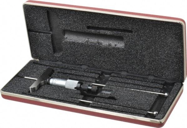 Starrett - 0 to 3" Range, 3 Rod, Mechanical Depth Micrometer - Ratchet Stop Thimble, 2-1/2" Base Length, 0.01mm Graduation, 1/8" Rod Diam - USA Tool & Supply