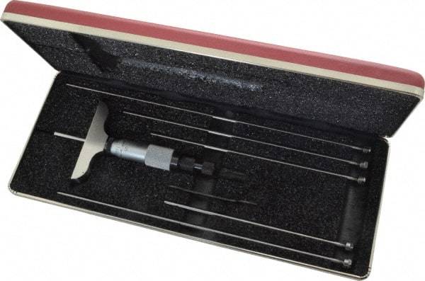 Starrett - 0 to 6" Range, 6 Rod, Mechanical Depth Micrometer - Ratchet Stop Thimble, 2-1/2" Base Length, 0.01mm Graduation, 1/8" Rod Diam - USA Tool & Supply