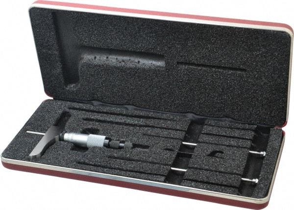 Starrett - 0 to 3" Range, 3 Rod, Satin Chrome Finish Mechanical Depth Micrometer - Ratchet Stop Thimble, 2" Base Length, 0.01mm Graduation, 5/32" Rod Diam - USA Tool & Supply