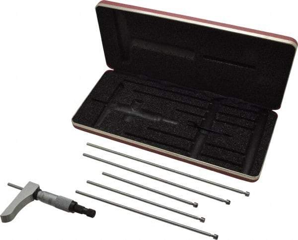 Starrett - 0 to 6" Range, 6 Rod, Satin Chrome Finish Mechanical Depth Micrometer - Ratchet Stop Thimble, 2" Base Length, 0.01mm Graduation, 5/32" Rod Diam - USA Tool & Supply