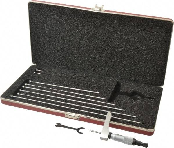 Starrett - 0 to 9" Range, 9 Rod, Satin Chrome Finish Mechanical Depth Micrometer - Ratchet Stop Thimble, 2" Base Length, 0.01mm Graduation, 5/32" Rod Diam - USA Tool & Supply
