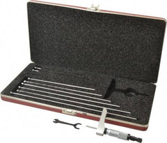 Starrett - 0 to 9" Range, 9 Rod, Satin Chrome Finish Mechanical Depth Micrometer - Ratchet Stop Thimble, 2" Base Length, 0.01mm Graduation, 5/32" Rod Diam - USA Tool & Supply