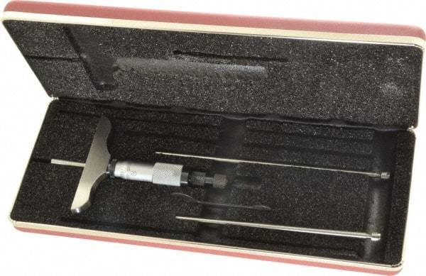 Starrett - 0 to 3" Range, 3 Rod, Satin Chrome Finish Mechanical Depth Micrometer - Ratchet Stop Thimble, 3" Base Length, 0.01mm Graduation, 5/32" Rod Diam - USA Tool & Supply