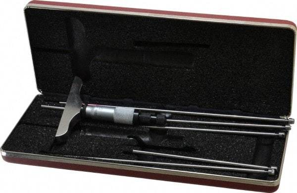 Starrett - 0 to 6" Range, 6 Rod, Satin Chrome Finish Mechanical Depth Micrometer - Ratchet Stop Thimble, 3" Base Length, 0.01mm Graduation, 5/32" Rod Diam - USA Tool & Supply