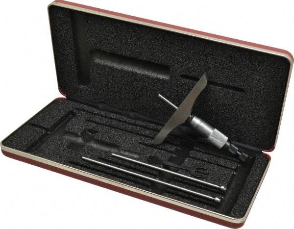 Starrett - 0 to 3" Range, 3 Rod, Satin Chrome Finish Mechanical Depth Micrometer - Ratchet Stop Thimble, 4" Base Length, 0.01mm Graduation, 5/32" Rod Diam - USA Tool & Supply