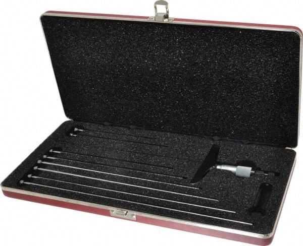 Starrett - 0 to 9" Range, 9 Rod, Satin Chrome Finish Mechanical Depth Micrometer - Ratchet Stop Thimble, 4" Base Length, 0.01mm Graduation, 5/32" Rod Diam - USA Tool & Supply