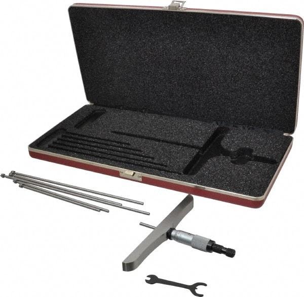 Starrett - 0 to 6" Range, 6 Rod, Satin Chrome Finish Mechanical Depth Micrometer - Ratchet Stop Thimble, 6" Base Length, 0.01mm Graduation, 5/32" Rod Diam - USA Tool & Supply