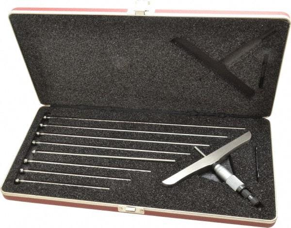 Starrett - 0 to 9" Range, 9 Rod, Satin Chrome Finish Mechanical Depth Micrometer - Ratchet Stop Thimble, 6" Base Length, 0.01mm Graduation, 5/32" Rod Diam - USA Tool & Supply