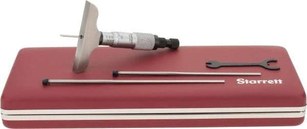 Starrett - 0 to 3" Range, 3 Rod, Mechanical Depth Micrometer - Ratchet Stop Thimble, 2-1/2" Base Length, 0.01mm Graduation, 1/8" Rod Diam - USA Tool & Supply