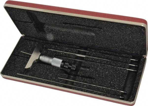 Starrett - 0 to 6" Range, 6 Rod, Mechanical Depth Micrometer - Ratchet Stop Thimble, 2-1/2" Base Length, 0.01mm Graduation, 1/8" Rod Diam - USA Tool & Supply