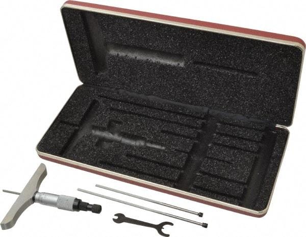 Starrett - 0 to 3" Range, 3 Rod, Mechanical Depth Micrometer - Ratchet Stop Thimble, 4" Base Length, 0.01mm Graduation, 1/8" Rod Diam - USA Tool & Supply