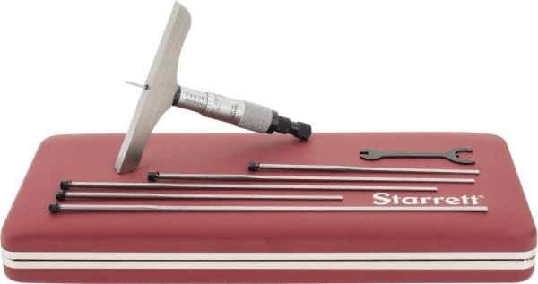Starrett - 0 to 6" Range, 6 Rod, Mechanical Depth Micrometer - Ratchet Stop Thimble, 4" Base Length, 0.01mm Graduation, 1/8" Rod Diam - USA Tool & Supply