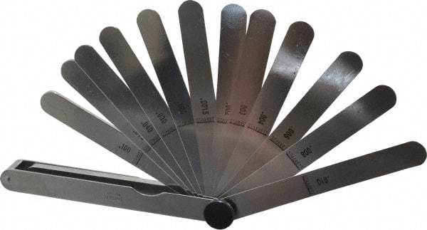 Starrett - 13 Piece, 0.0015 to 0.2" Thick, Parallel Feeler Gage Set - 4-1/2" Leaf Length, 1/2" Wide, Tempered Steel - USA Tool & Supply