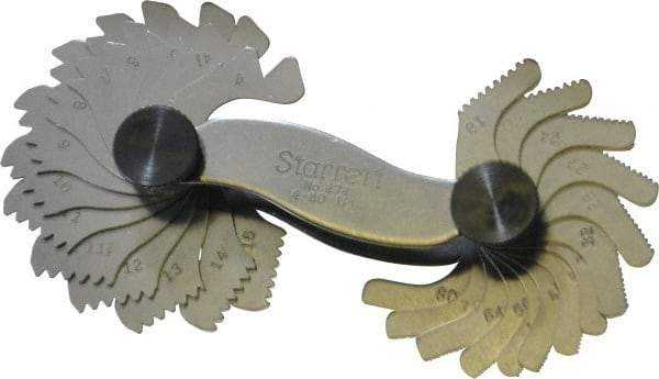 Starrett - 28 Leaf, 4 to 80 TPI Range, Steel Screw Pitch Gage - 60° Thread Angle - USA Tool & Supply