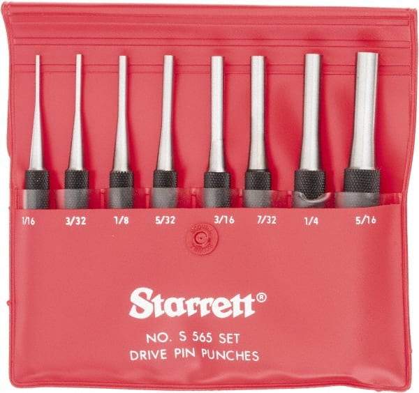 Starrett - 8 Piece, 1/16 to 5/16", Pin Punch Set - Round Shank, Comes in Vinyl Pouch - USA Tool & Supply